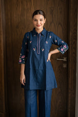 Back view of Royal Blue Chanderi Cotton Embroidery Kurti Set from Kunvarani