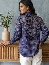 Woman wearing Bandini Print Shirt Blue | Kunvarani