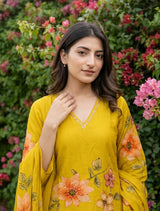Front view of Plus Size Turmeric Yellow Knot Work Kurti Set with Dupatta from Kunvarani