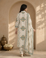 Fabric and detail close up of White Pearl Work Kurti Set with Dupatta from Kunvarani