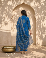 Woman wearing Royal Blue Gota Patti Work V-Neck Kurti Set with Dupatta | Kunvarani