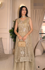 Side view of Gold Tissue Sequin Work IndoWestern Dress with Dupatta from Kunvarani