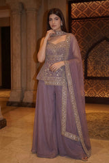 Purple Soft Tissue Embroidery IndoWestern Dress with Dupatta