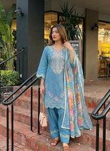 Front view of Powder Blue Cotton Blend Thread Work Kurti Set with Dupatta from Kunvarani