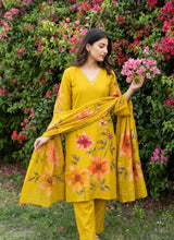 Fabric and detail close up of Plus Size Turmeric Yellow Knot Work Kurti Set with Dupatta from Kunvarani