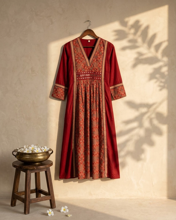 Red Ajrakh Print Silk Mirror Work V-Neck Dress
