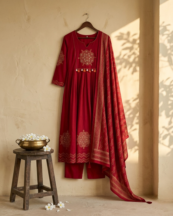 Red Bandhani Cotton A-Line Kurti Set with Dupatta
