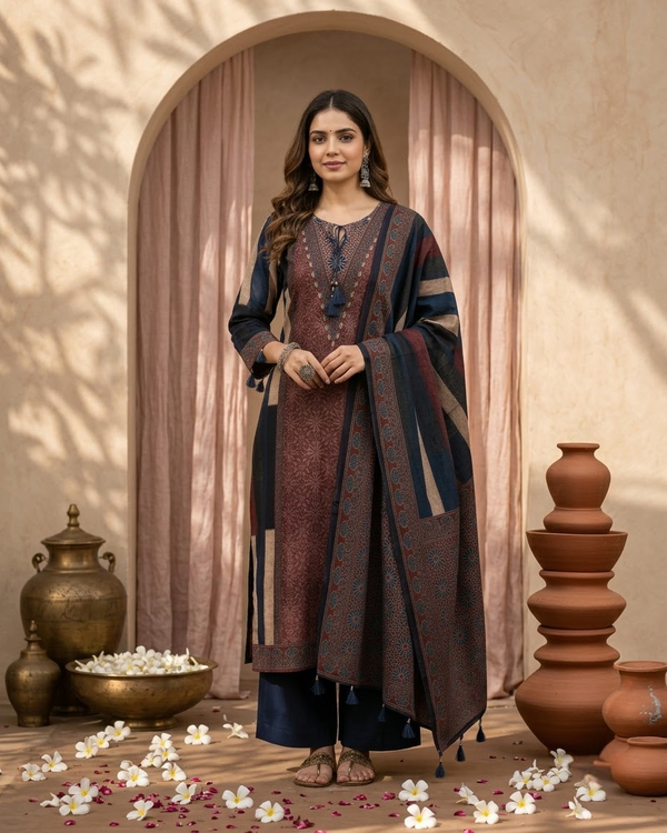 Maroon Blue Muslin Kurti Set with Dupatta