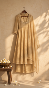 Front view of Gold Tissue Zardosi Work IndoWestern Dress from Kunvarani