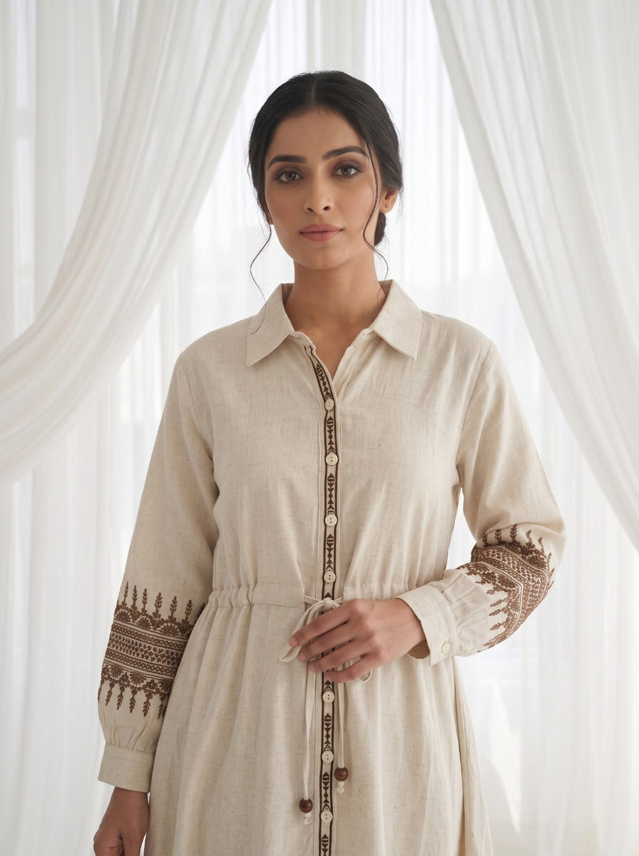Off White Cotton Dress with Thread Work