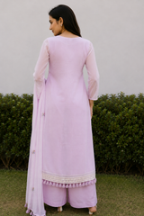 Side view of Blush Pink Organza Embroidery Kurti Set with Dupatta from Kunvarani