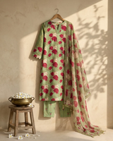 Front view of Bottle Green Pearl Work V-Neck Kurti Set with Dupatta from Kunvarani