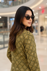 Woman wearing Ajrakh print Top | Kunvarani