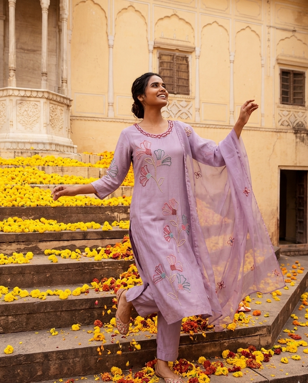 Lavender Kurta Set with Sheer Dupatta