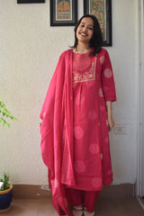 Rani Pink Cotton Kurta Set with Dupatta