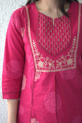 Rani Pink Cotton Kurta Set with Dupatta