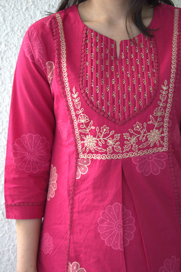 Rani Pink Cotton Kurta Set with Dupatta