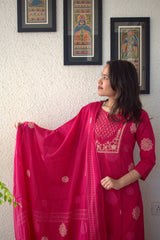 Rani Pink Cotton Kurta Set with Dupatta