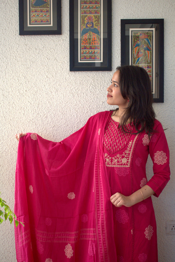 Rani Pink Cotton Kurta Set with Dupatta