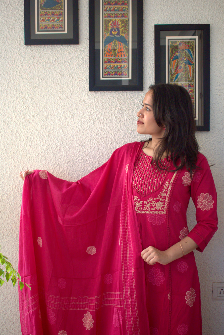Rani Pink Cotton Kurta Set with Dupatta