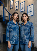 Woman wearing Royal Blue Crepe Plus Size Shirt | Kunvarani