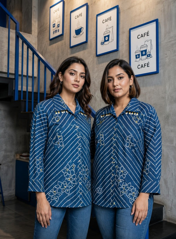 Woman wearing Royal Blue Crepe Plus Size Shirt | Kunvarani