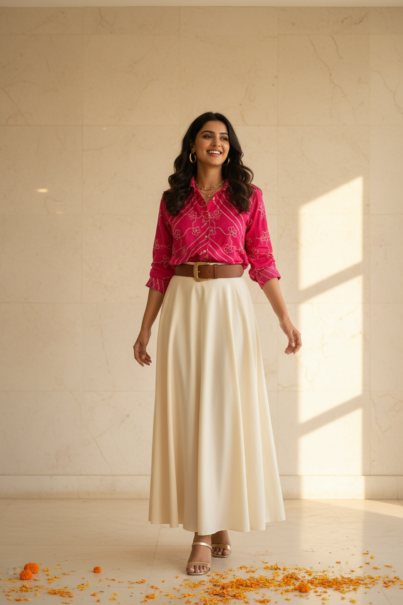Woman wearing Pink Crepe Plus Size Shirt | Kunvarani