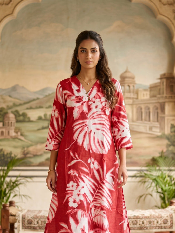 Woman wearing Red Cotton Co-Ord Set | Kunvarani