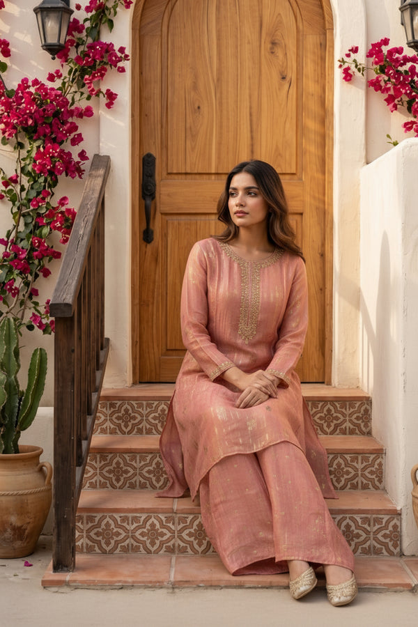 Woman wearing Peach Gold Tissue Pearl Work Kurti Set | Kunvarani