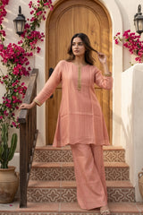 Peach Gold Tissue Pearl Work Kurti Set