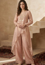 Woman wearing Pink Tissue Pearl Work Indo-Western Set | Kunvarani
