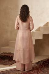 Woman wearing Pink Tissue Pearl Work Indo-Western Set | Kunvarani