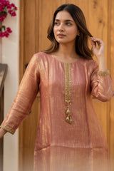 Peach Gold Tissue Pearl Work Kurti Set