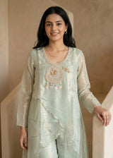 Woman wearing Mint Green Tissue Pearl Work Sharara Set | Kunvarani