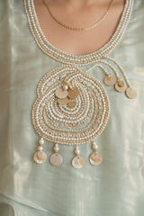 Woman wearing Mint Green Tissue Pearl Work Sharara Set | Kunvarani