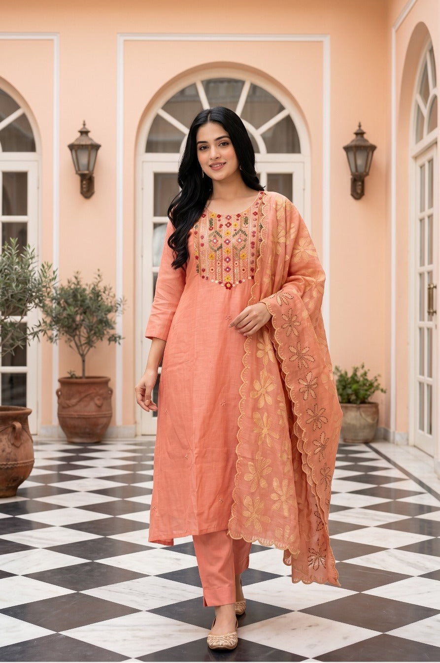 Woman wearing Pink Chanderi Thread Work Kurti Set with Dupatta | Kunvarani