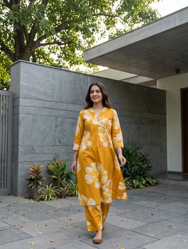 Woman wearing Yellow Cotton V-Neck Co-Ord Set | Kunvarani