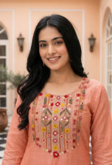 Woman wearing Pink Chanderi Thread Work Kurti Set with Dupatta | Kunvarani