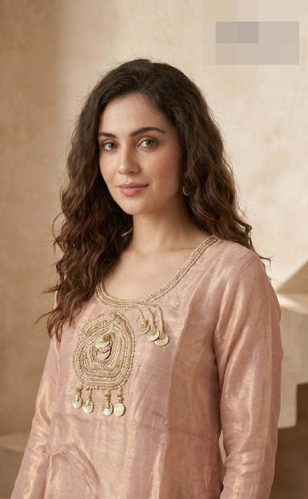 Woman wearing Pink Tissue Pearl Work Indo-Western Set | Kunvarani