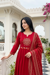 Woman wearing Red Bandhani Cotton A-Line Kurti Set with Dupatta | Kunvarani