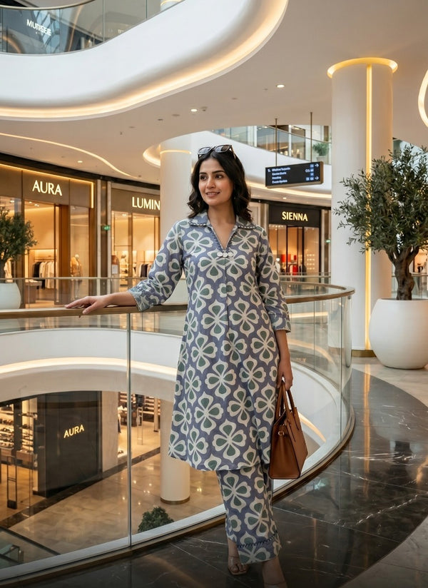 Woman wearing Purple Cotton Collared Co-Ord Set | Kunvarani