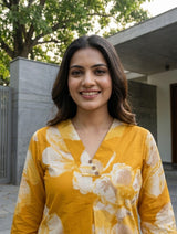 Woman wearing Yellow Cotton V-Neck Co-Ord Set | Kunvarani