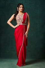 Red Sequinned Chinnon Pre-Draped Saree with Belt
