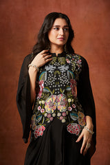 Midnight black embellished Georgette Skirt Set with Ruffle Sleeves