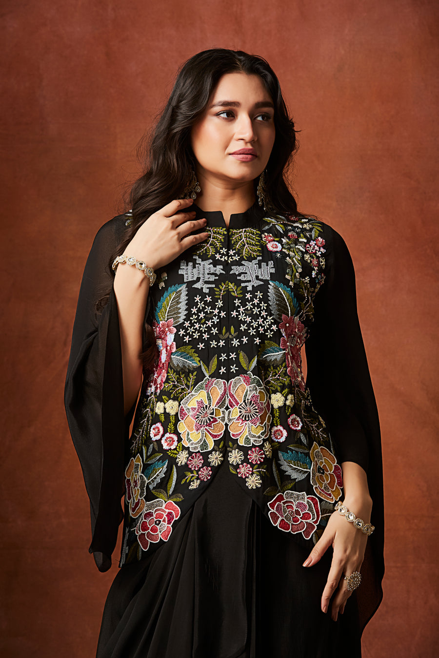 Midnight black embellished Georgette Skirt Set with Ruffle Sleeves