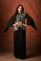 Midnight black embellished Georgette Skirt Set with Ruffle Sleeves