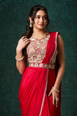 Red Sequinned Chinnon Pre-Draped Saree with Belt