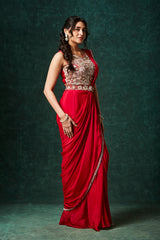 Red Sequinned Chinnon Pre-Draped Saree with Belt