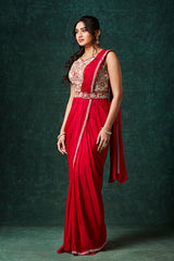 Red Sequinned Chinnon Pre-Draped Saree with Belt