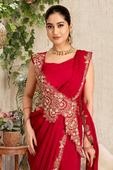 Red Chinnon Pre-Draped Saree with Cross-Body Sequin Belt